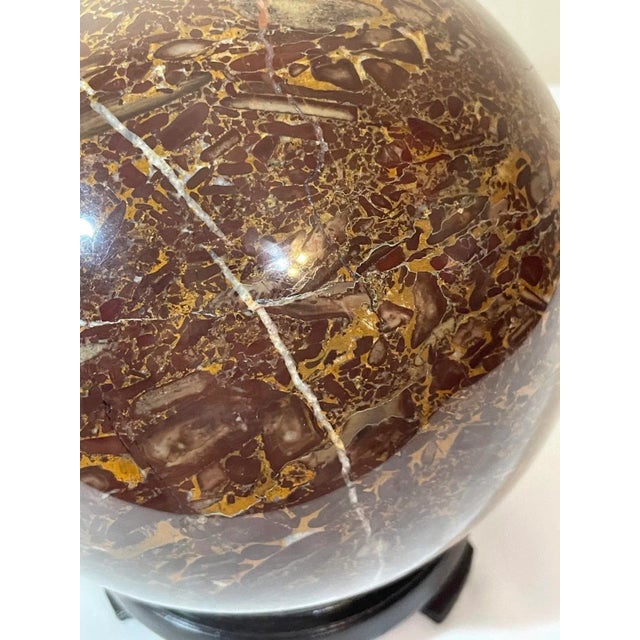 Mid 20th Century Vintage 6.5” Brown Amber Marble Ball Sphere Orb on Lacquered Wood Stand For Sale - Image 5 of 12