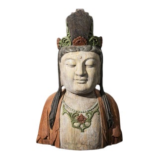 Chinese Carved Polychrome Guanyin Bust For Sale