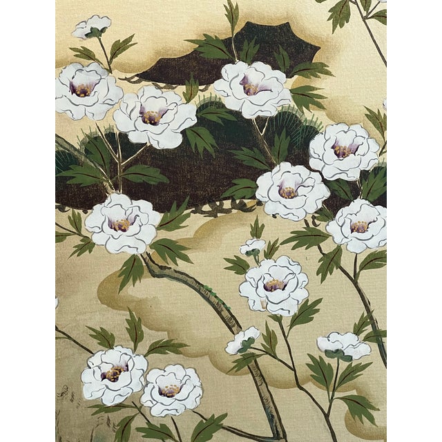 Tan Large Mid 20th Century Chinese Mandarin Ducks, Pine Tree and Peonies Wall Folding Screen - Artist Signed For Sale - Image 8 of 12