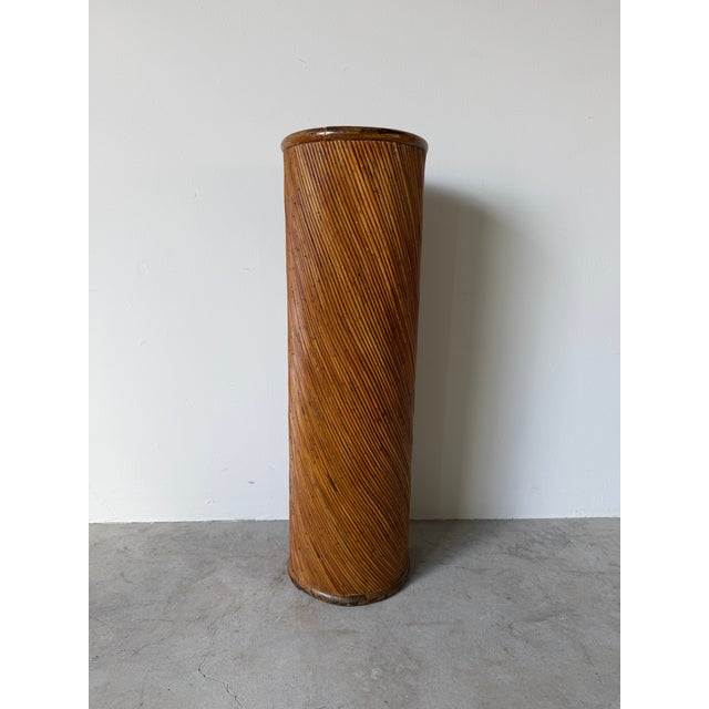 1970s Vintage Boho Chic Pencil Reed & Wood Cylindrical Pedestal Plant Stand For Sale - Image 11 of 12