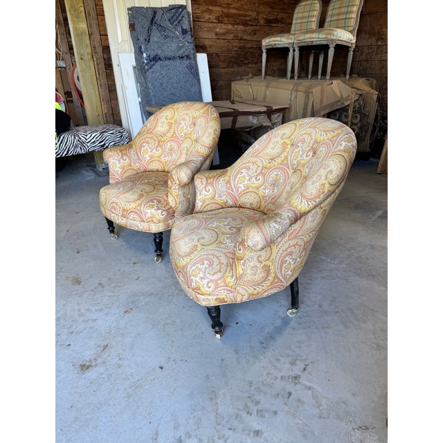 Victorian Antique French Tufted Crapaud Slipper Club Chairs With Casters - A Pair For Sale - Image 3 of 7