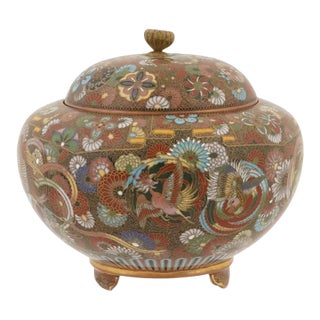 Japanese Cloisonne Enamel Covered Jar Meiji Period Phoenix Design For Sale