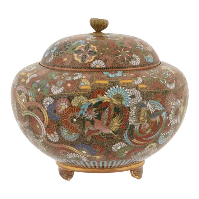 Japanese Cloisonne Enamel Covered Jar Meiji Period Phoenix Design For Sale