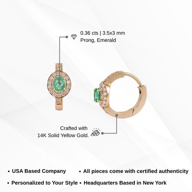 14k Yellow Gold Oval Natural Emerald Diamond Halo Hoop Earrings- 2 Pieces For Sale - Image 10 of 14