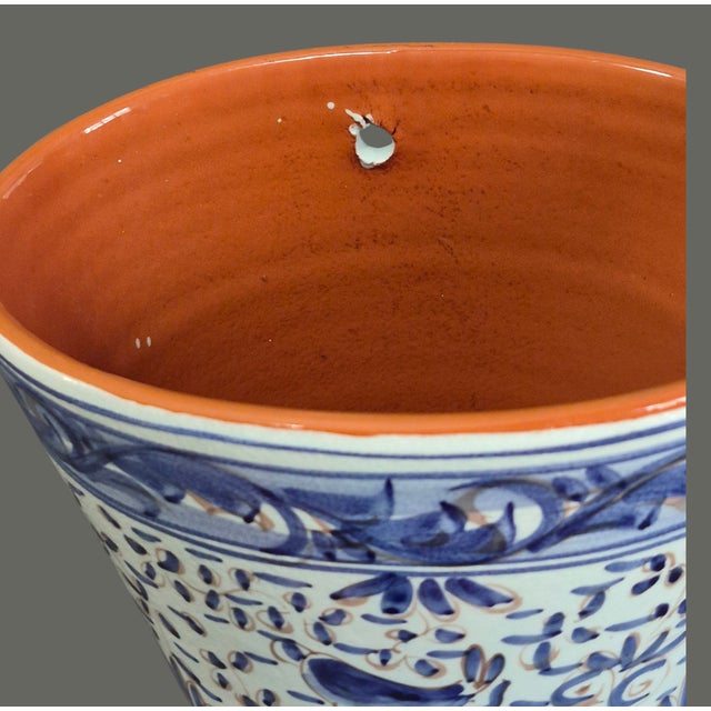 Contemporary Late 20th Century Hand Painted Glazed Terra-Cotta Wall Planter Blue Bird Motif Made in Portugal For Sale - Image 3 of 10