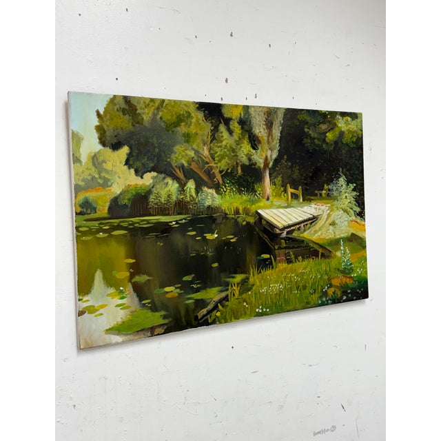 Impressionist Impressionist Acrylic on Canvas Dock on a Pond Landscape Painting For Sale - Image 3 of 12
