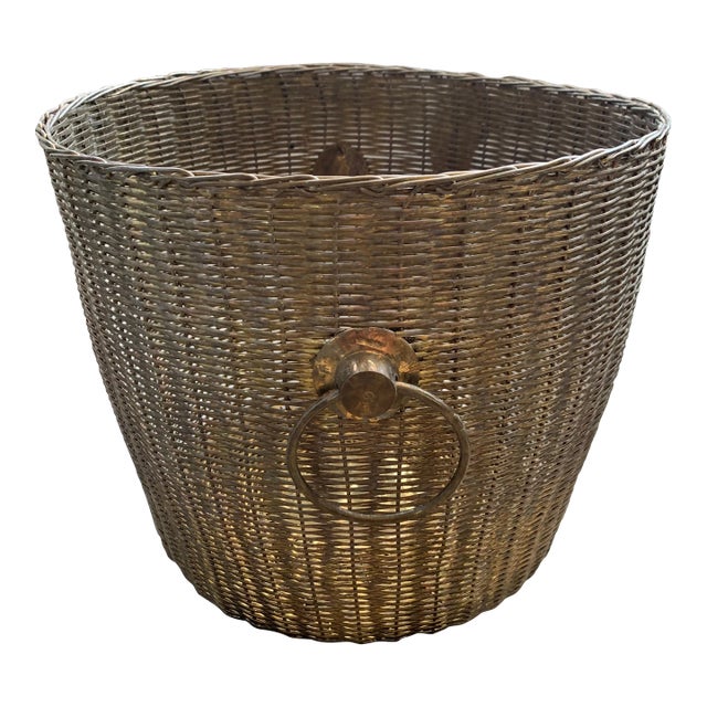 Large Woven Brass Wire Basket Ring Handles For Sale