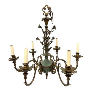 Late 19th Century French Bronze Tole 6 Arm Chandelier For Sale