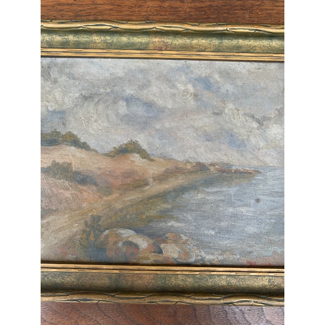 English Antique Hand Painted Framed Oil on Board Seaside Coastal Landscape Painting, Early 20th Century For Sale - Image 3 of 8