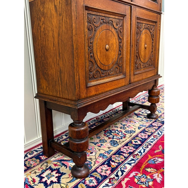 Antique English Bookcase Bookshelf Cabinet Double Door Wavy Glass Oak c.1930s For Sale - Image 9 of 17