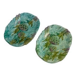 Antique French Majolica Artichoke, Asparagus Serving Dishes , a Pair For Sale