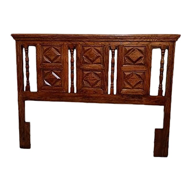1970s Wood Queen Headboard Carved Medium Tone For Sale