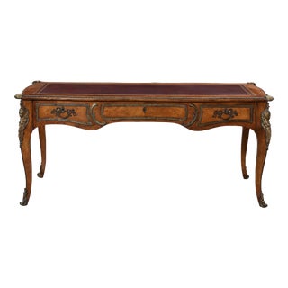 Antique Louis XV Style Gilt Bronze Mounted Walnut Bureau Plat Writing Table Desk For Sale