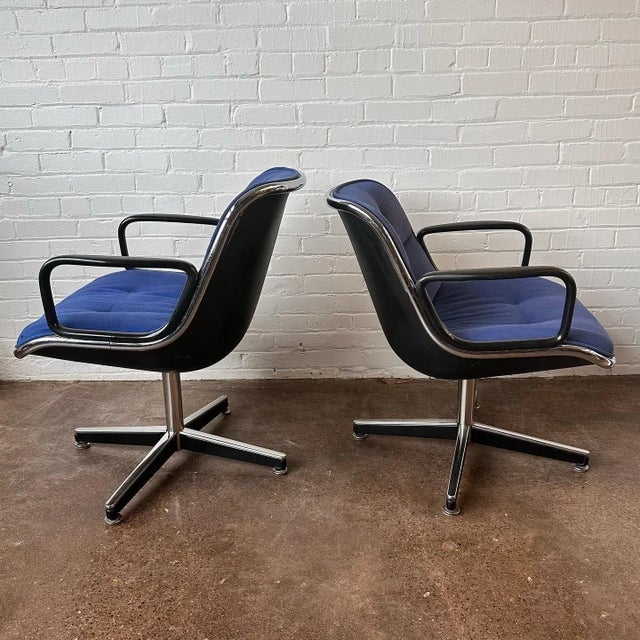 Mid-century modern Charles Pollock for Knoll International executive swivel chairs with cobalt blue tweed original...