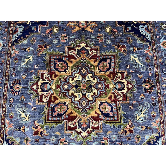 Textile Blue Afghan Sultani Natural Dye Wool Rug, Persian Heriz Medallion Design, 5′9″ × 8′ For Sale - Image 7 of 14