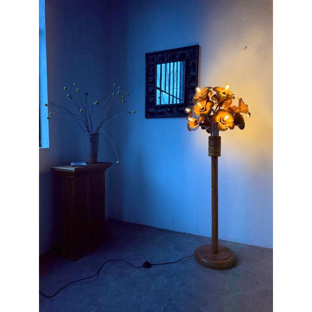 Elm Floor Lamp with Flower Motifs, 1970s For Sale - Image 3 of 18