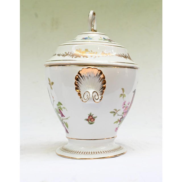 Nice pair of white porcelain lidded urns or pots in the Sevres manner Painted with colourful floral motifs and parrots We...
