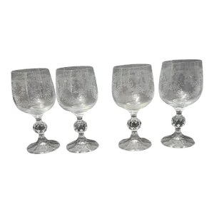 Vintage Bohemian Crystal Diamond Cut Etched Wine Glasses- Set of 4