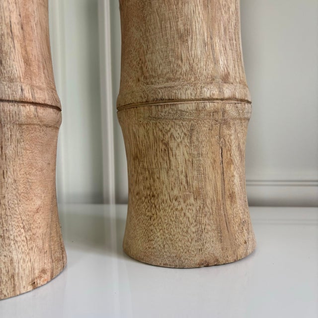 2020s Natural Hand Carved Solid Mango Wood Large Bamboo Style Candle Holders Pillars (Set of 2) For Sale - Image 5 of 6