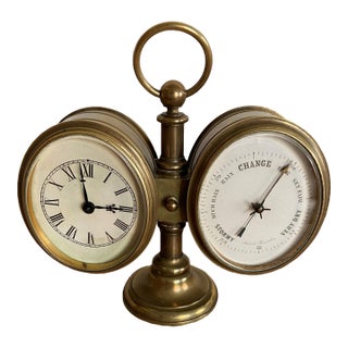 Antique Brass-Cased Desk Clock and Aneroid Barometer C. 1870 - Architectural and Twin-Dial Instrument For Sale