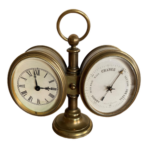 Antique Brass-Cased Desk Clock and Aneroid Barometer C. 1870 - Architectural and Twin-Dial Instrument