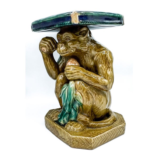 Vintage Majolica Ceramic Monkey Plant Stand – Blue & Green Glazed Chinoiserie / Hollywood Regency For Sale - Image 10 of 12
