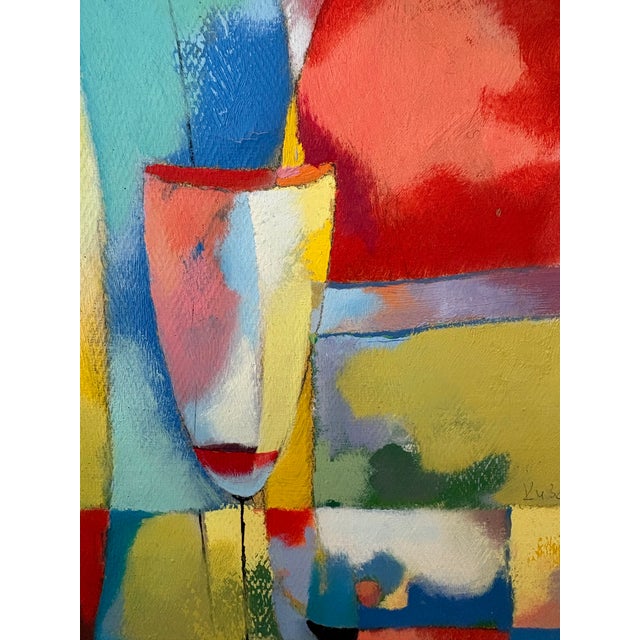 Yellow Modernist Original Painting “Still Life With Bottle & Flower”, Signed “Likhovid,” 2003 For Sale - Image 8 of 9