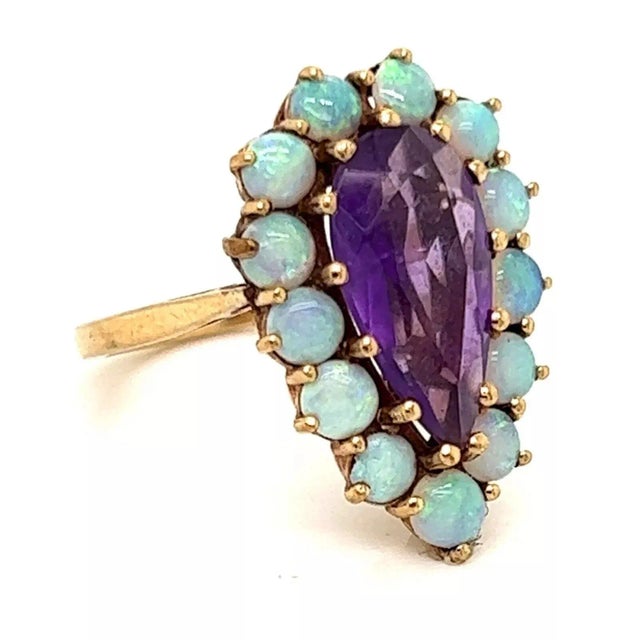 Amethyst & Opal Pear Shape 9k Yellow Gold European Ring For Sale - Image 4 of 7