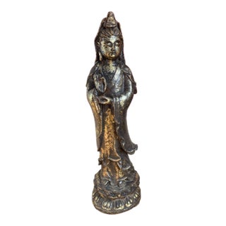 Quan Yin on Lotus Flower Caste Iron Gold Leafed Statue For Sale