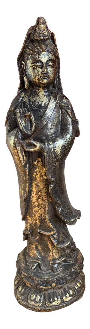 Quan Yin on Lotus Flower Caste Iron Gold Leafed Statue