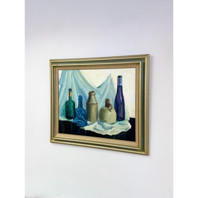Transitional Vintage Original Oil Painting Still Life Bottles Jugs, Framed Art, Canvas, Blue For Sale - Image 3 of 11