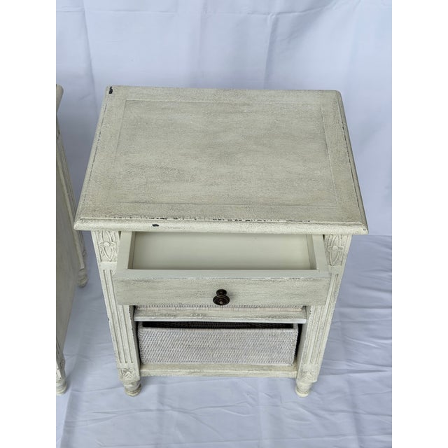 Wood Late 20th Century Pair of Distressed French Style Nightstands With Woven Basket Shelves For Sale - Image 7 of 10