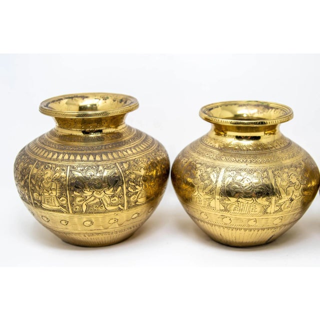 Vintage Engraved Brass Lota Vessel From India 1950s Set of 4 For Sale - Image 4 of 12
