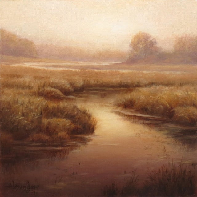 Calm Waters by Rob Alexander | Oil on linen panel serene landscape with water and grasses For Sale