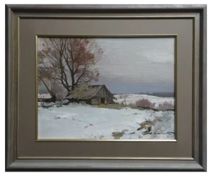 Alfejs Bromults, Winter in the Village, Oil on Canvas and Cardboard