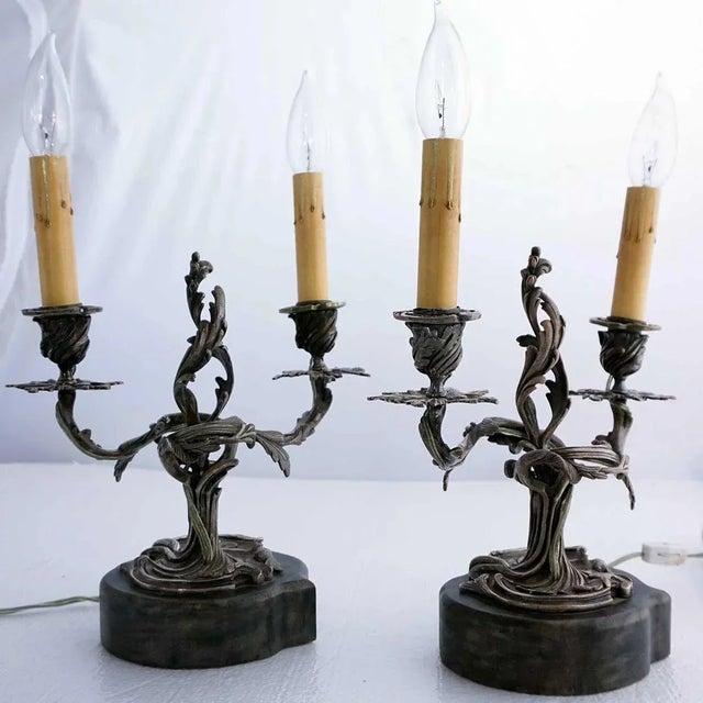 Mid 19th Century Louis XV Style Silver-Plated 2-Light Candelabra Table Lamps - A Pair For Sale - Image 4 of 10