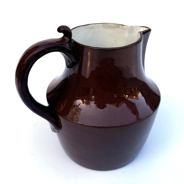 De Sarreguemines Antique Sarreguemines One-Handled Pitcher — Brown Glaze, White Interior — Pre-Wwi For Sale - Image 4 of 9