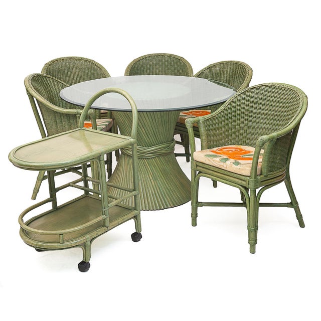 Rattan Lounge Table and Chairs attributed to Maugrion, 1980, Set of 7 For Sale - Image 16 of 16