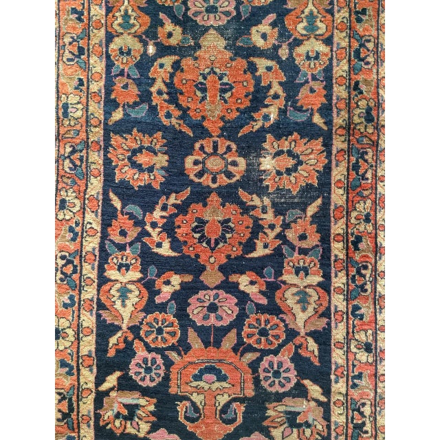 19th Century Antique Persian Sarouk Lilian Runner Rug, Hand-Knotted Wool, Floral Pattern, Navy & Red, 3x9 For Sale - Image 5 of 12