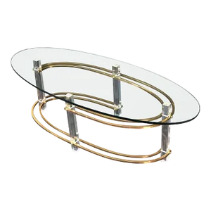 Mid-Century Oval Thick Glass Top Lucite Brass Base Coffee Table