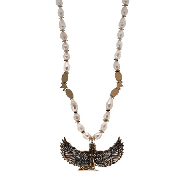 Bronze Teardrop Pearl Magical Goddess Isis Pendant Beaded Necklace For Sale - Image 8 of 9