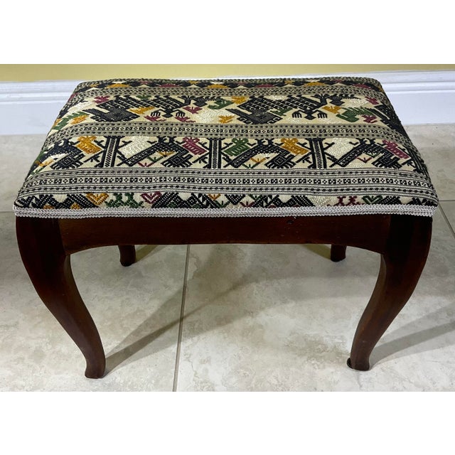 Mid-Century Modern Vintage Boho Footstool – Hand Embroidery Suzani & Solid Wood. For Sale - Image 3 of 17