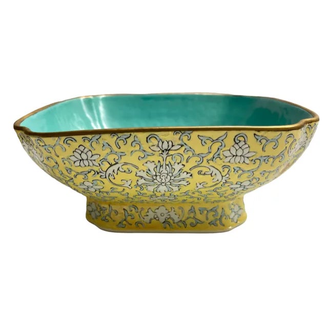 Ceramic Vintage Chinese Yellow and Turquoise Bowl With White Floral Detail For Sale - Image 7 of 9