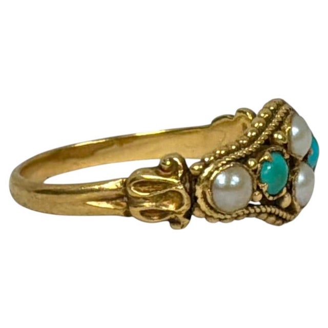 Antique 18k Gold Pearl and Turquoise Ring For Sale - Image 4 of 11