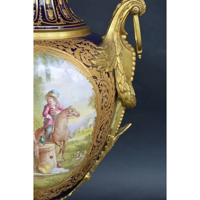 French Late 19th Century Oversized French Blue Royal Hand-Painted Sevres Lidded Vase For Sale - Image 3 of 11