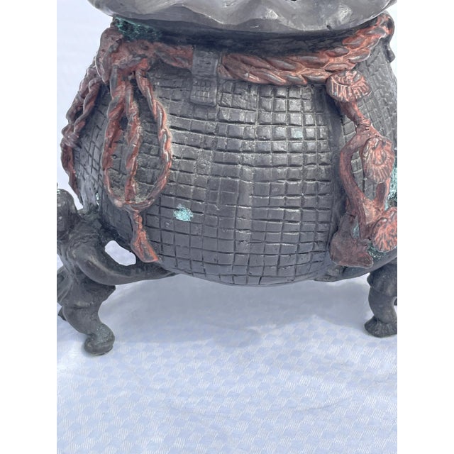 Mid 19th Century Bronze Incense Burner Money Bag Supported by 3 Men For Sale - Image 10 of 13