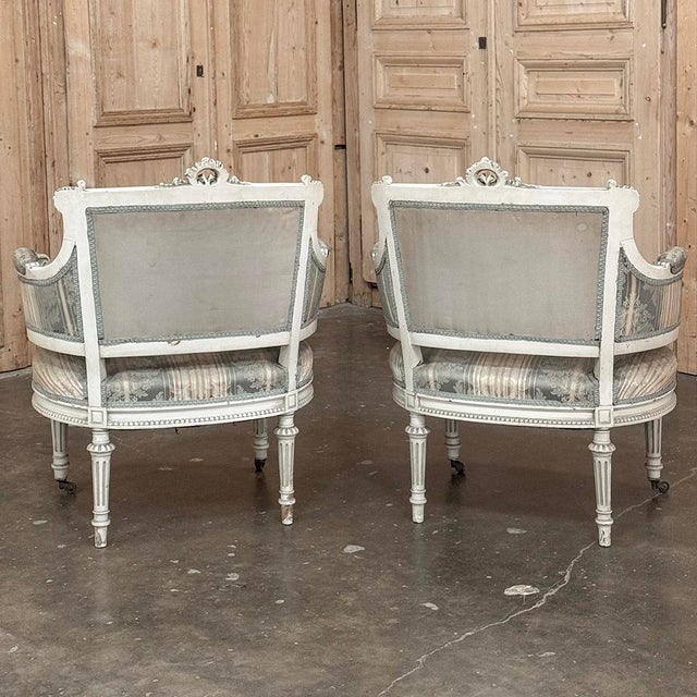 Pair of Louis XVI Painted Bergères ~ Paris For Sale - Image 15 of 15