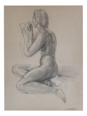 Carl Albert Angst, Mise en beauté, Charcoal and Crayon on Paper, Framed