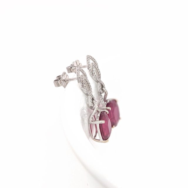 2020s Oval Ruby Dangle Earrings with Earth Mined Diamonds in Solid 14k White Gold - 2 Pieces For Sale - Image 5 of 7