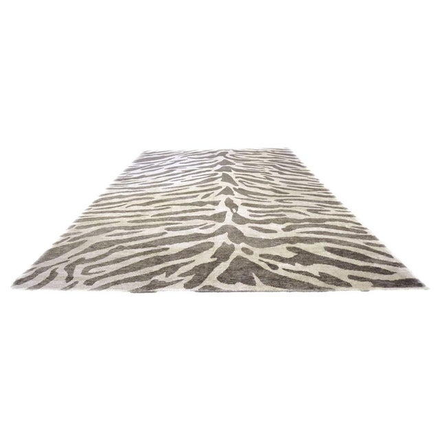 Nepalese Modern Wool & Silk 10X14 Gray & Brown Zebra Print Handmade Area Rug #1143856 For Sale - Image 4 of 6